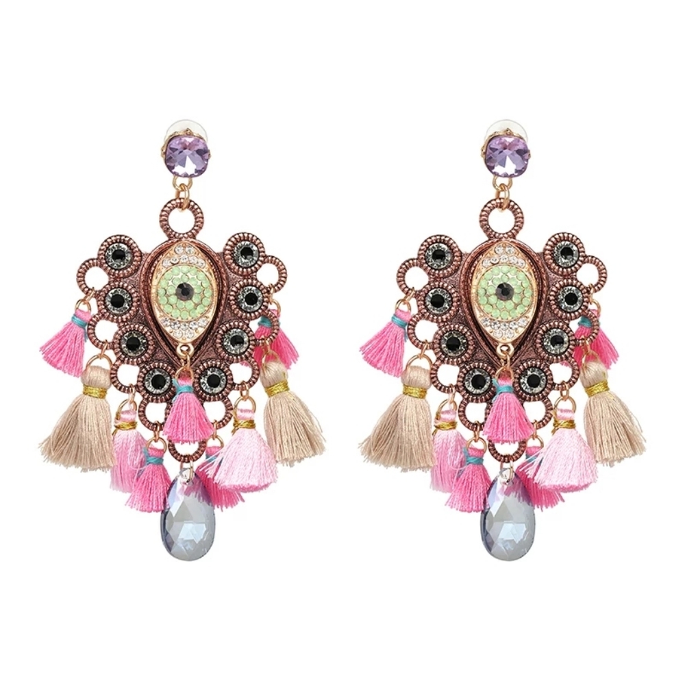 Pastel Boho Evil Eye Tassel Fringe Earrings